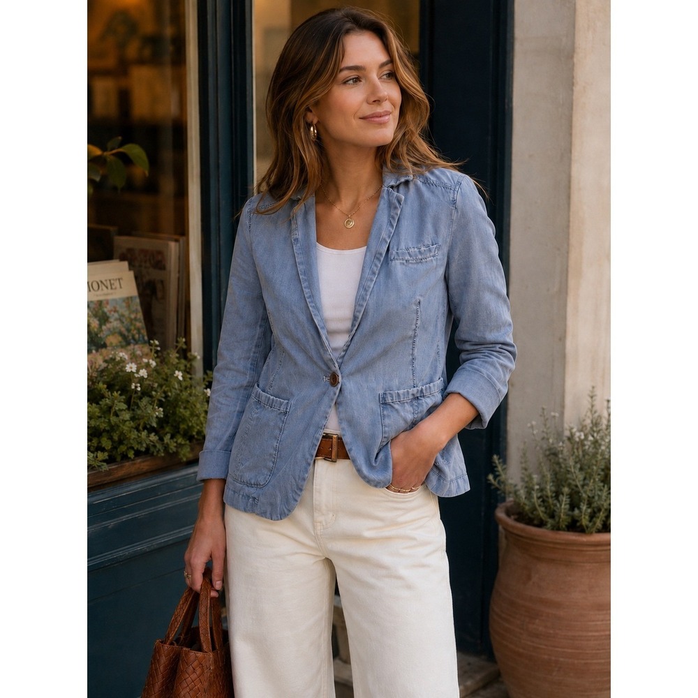 Pilcro Anthropologie Chambray Blazer Blue Jacket Boho Coastal Chic Resort Sz M